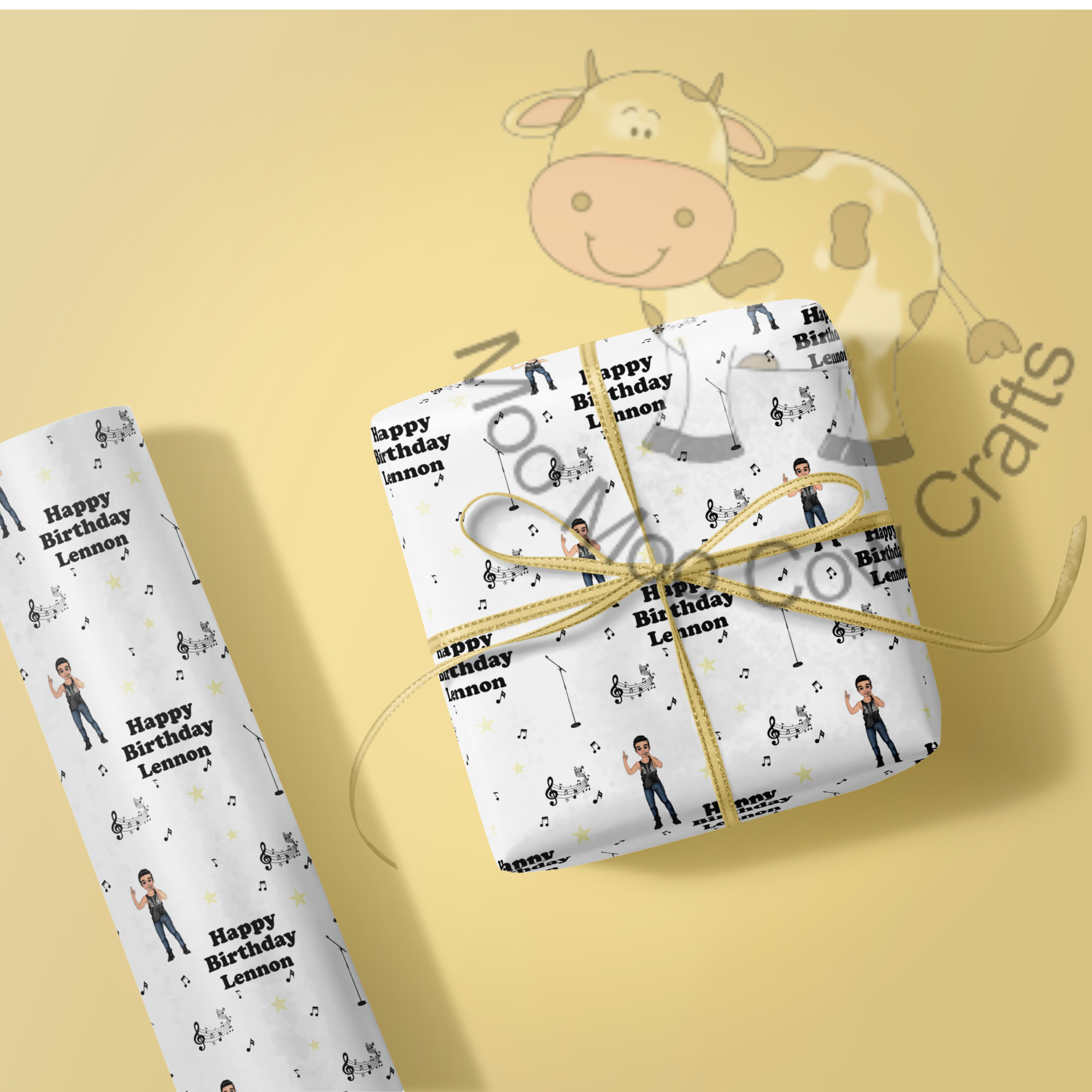 lemon background with a gift box and a roll of wrapping paper