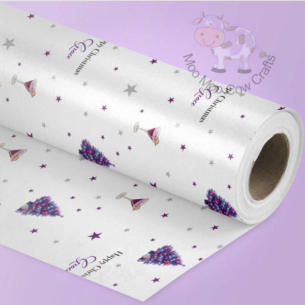 lilac background with a roll of gift wrap with purple christmas tree design.