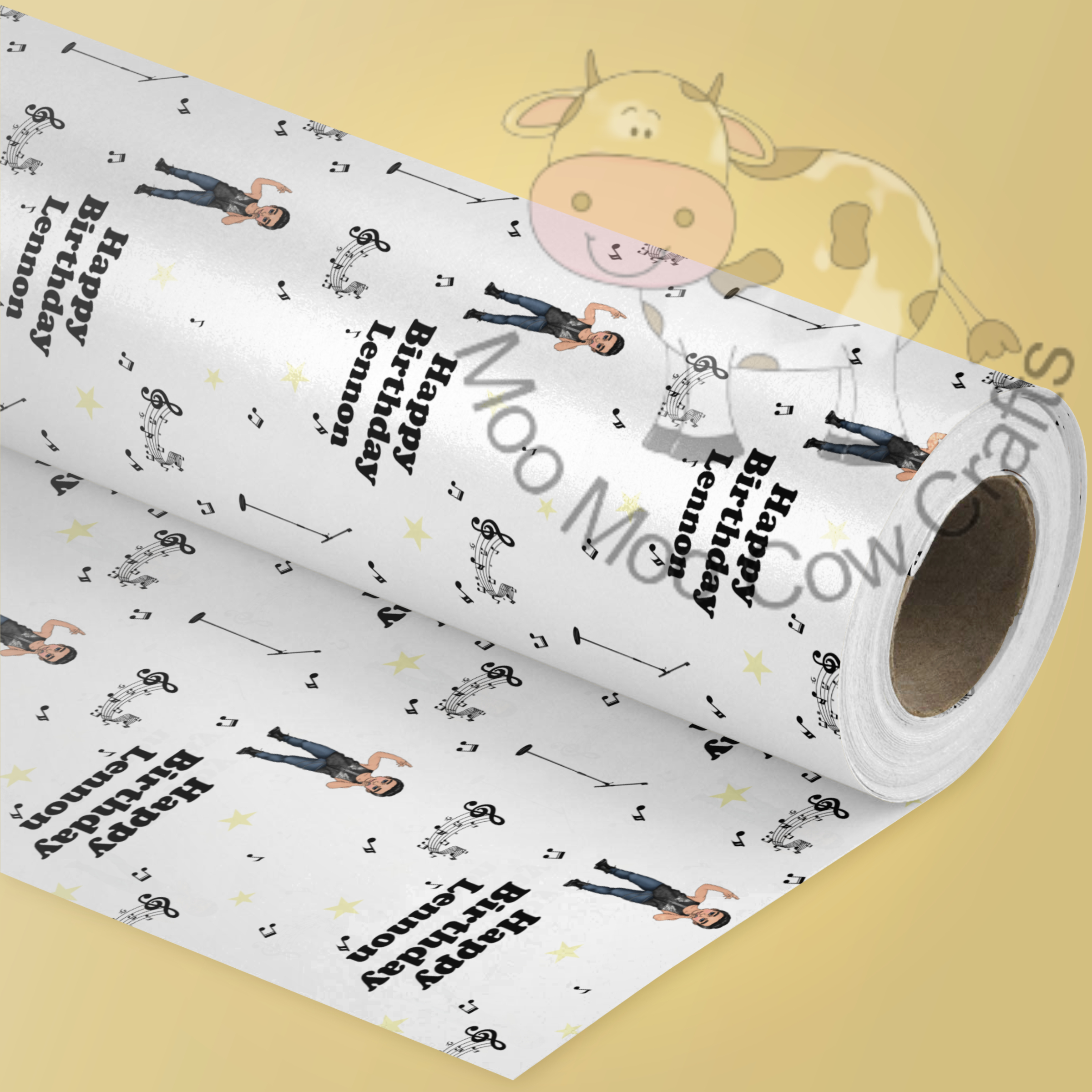 lemon background with a wrapped present and a roll of wrapping paper with a clip art repeating pattern of a man singing