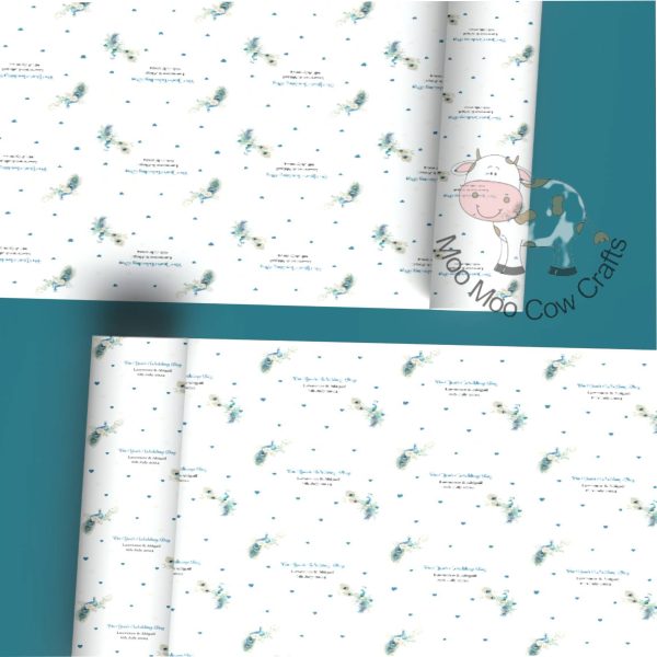 blue background with two rolls of peacock desig gift wrap.