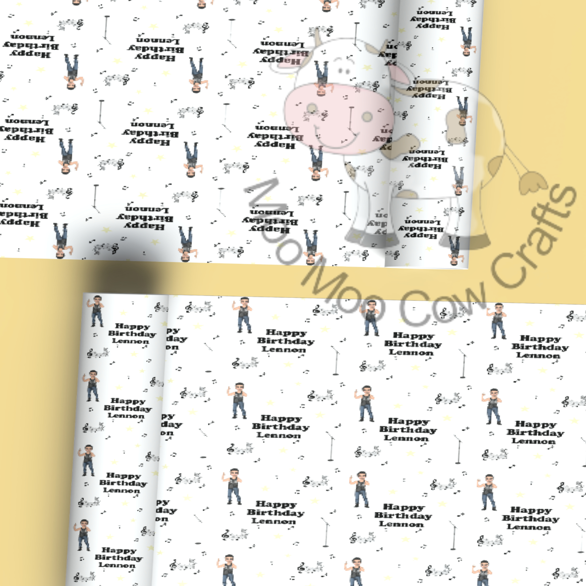 lemon background with two rolls of wrapping paper with a repeating pattern of a clip art rock singer