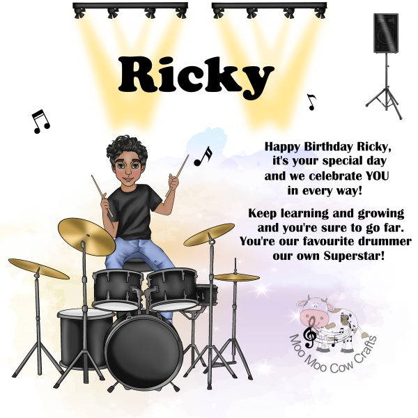 pink and lemon background with a clip art image of a drummer and black text and music notes, it's a birthday card.