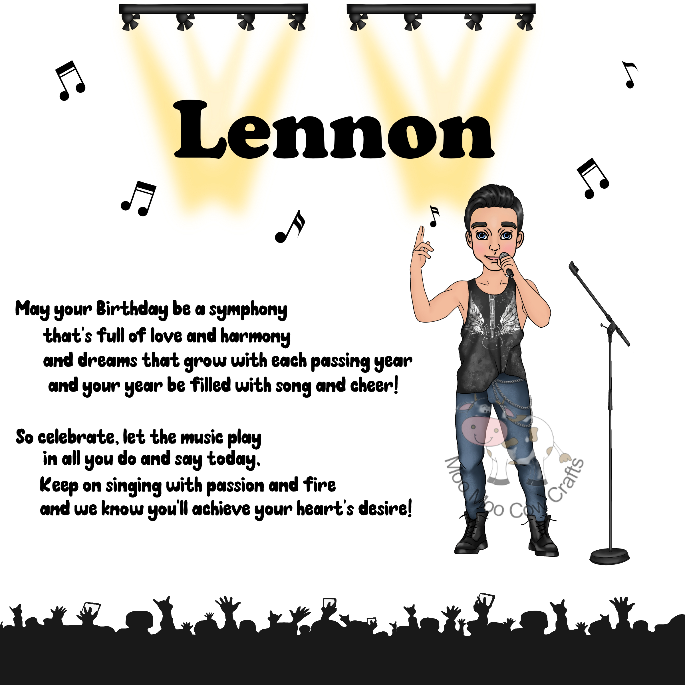 clip art image of a man singing into a microphone with black text and silhouette of an audience, it's a birthday card.