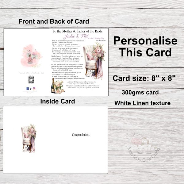 wooden background with two white squares with clipart wedding images and black text. It's a design of a wedding card.
