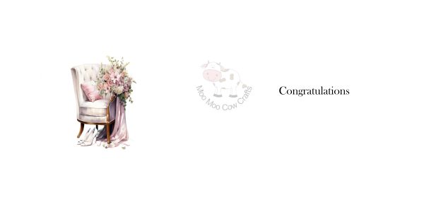 white background with a clip art chair with pink flowers and white shoes, it's the inside of a wedding card.