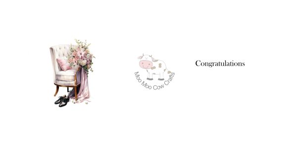 white background with clip art image of a chair with black shoes, it's the inside of a wedding card