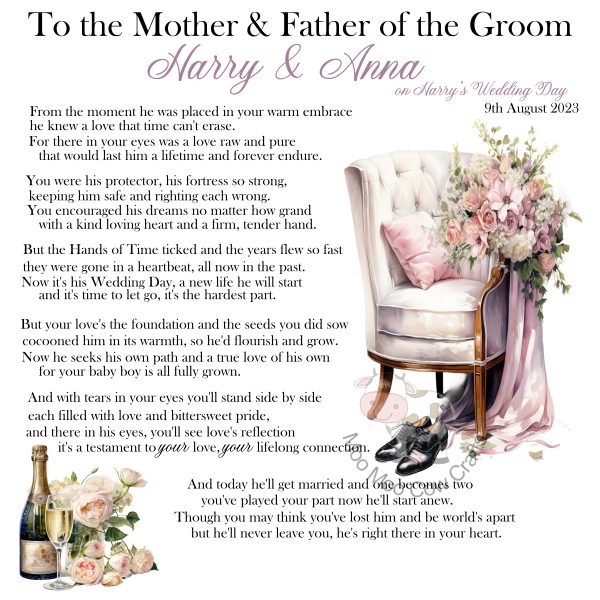 black text on a white background with a chair with flowers, black shoes, champagne bottle, it's a wedding card.