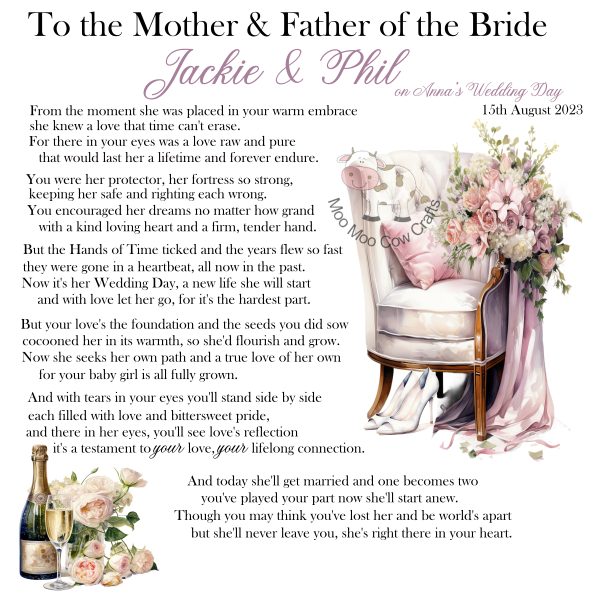 white background with black text, clip art images of a chair, white shoes, champagne bottle and two glasses, it's a wedding card.