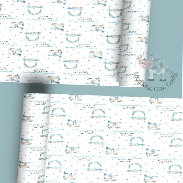 blue background with two rolls of gift wrap with blue flower arch pattern.