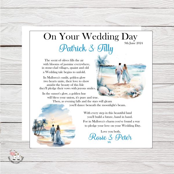 wooden background with beach theme, it's a wedding card