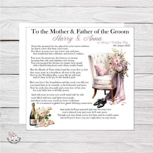 wooden background with black text and a clip art image of a chair with flowers, it's a wedding card.