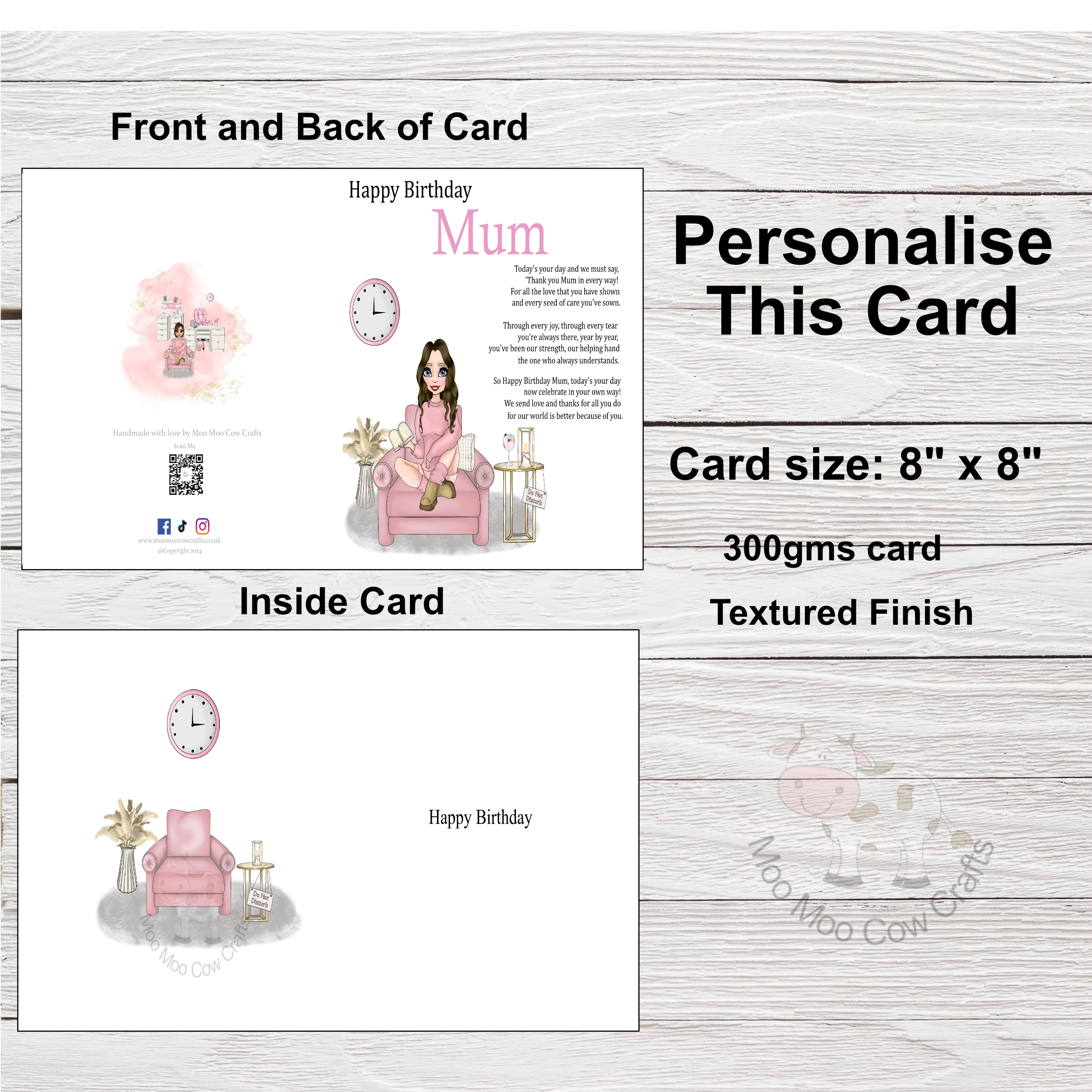 wooden background with two white squares with clip art image of a woman sitting on a chair reading, it's a design for a birthday card