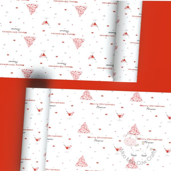 red background with two rolls of wrapping paper with a red xmas tree design