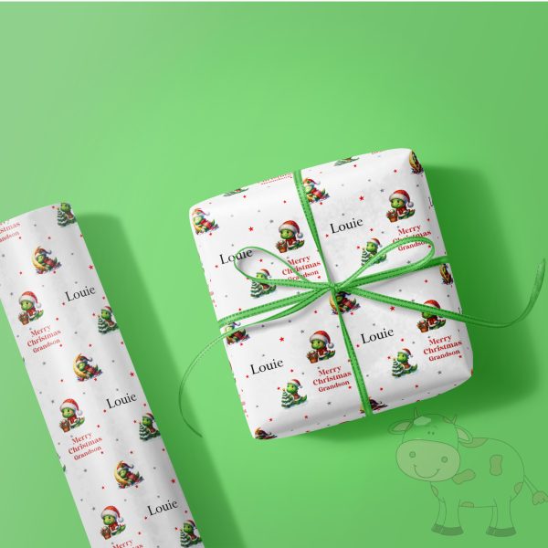 green background with one roll of gift wrap with a dinosaur design, it's Xmas wrapping paper