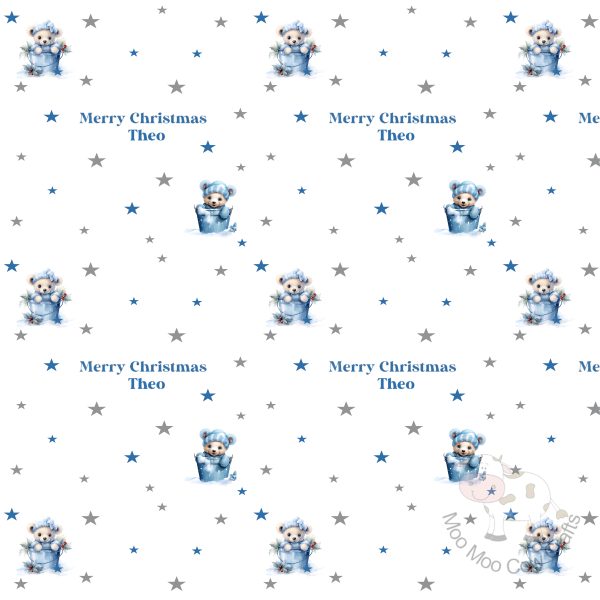blue teddy bear repeating pattern, it's a sample of xmas wrapping paper
