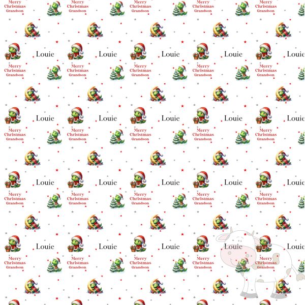 repeating patter with a dinosaur design, it's Xmas wrapping paper