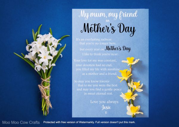 blue background with dried flowers and a blue card, clip art daffodill and black text