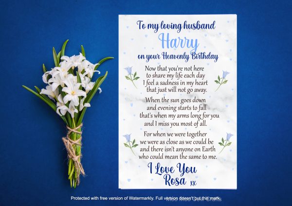 blue background with a bunch of flowers and a white rectangle with black and blue text, it's a grave card