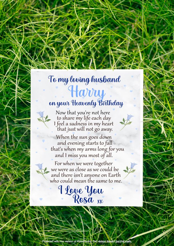 grass background with white card with blue flowers and black and blue text, it's a grave memorial fcar
