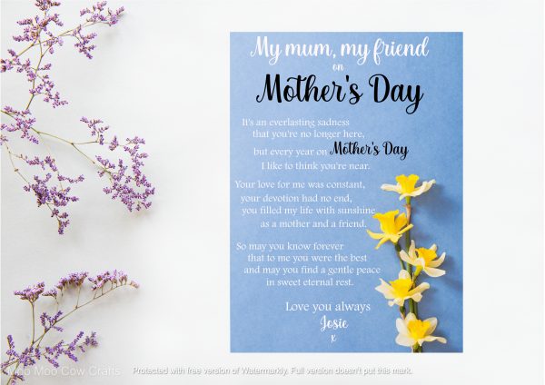 marble background with clip art lavender, daffodil and black text, it's a grave card.