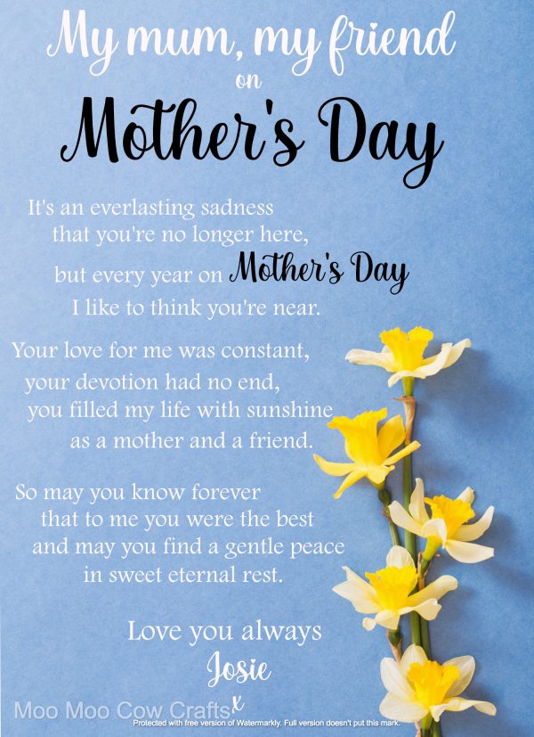 blue background with clipart daffodil and text