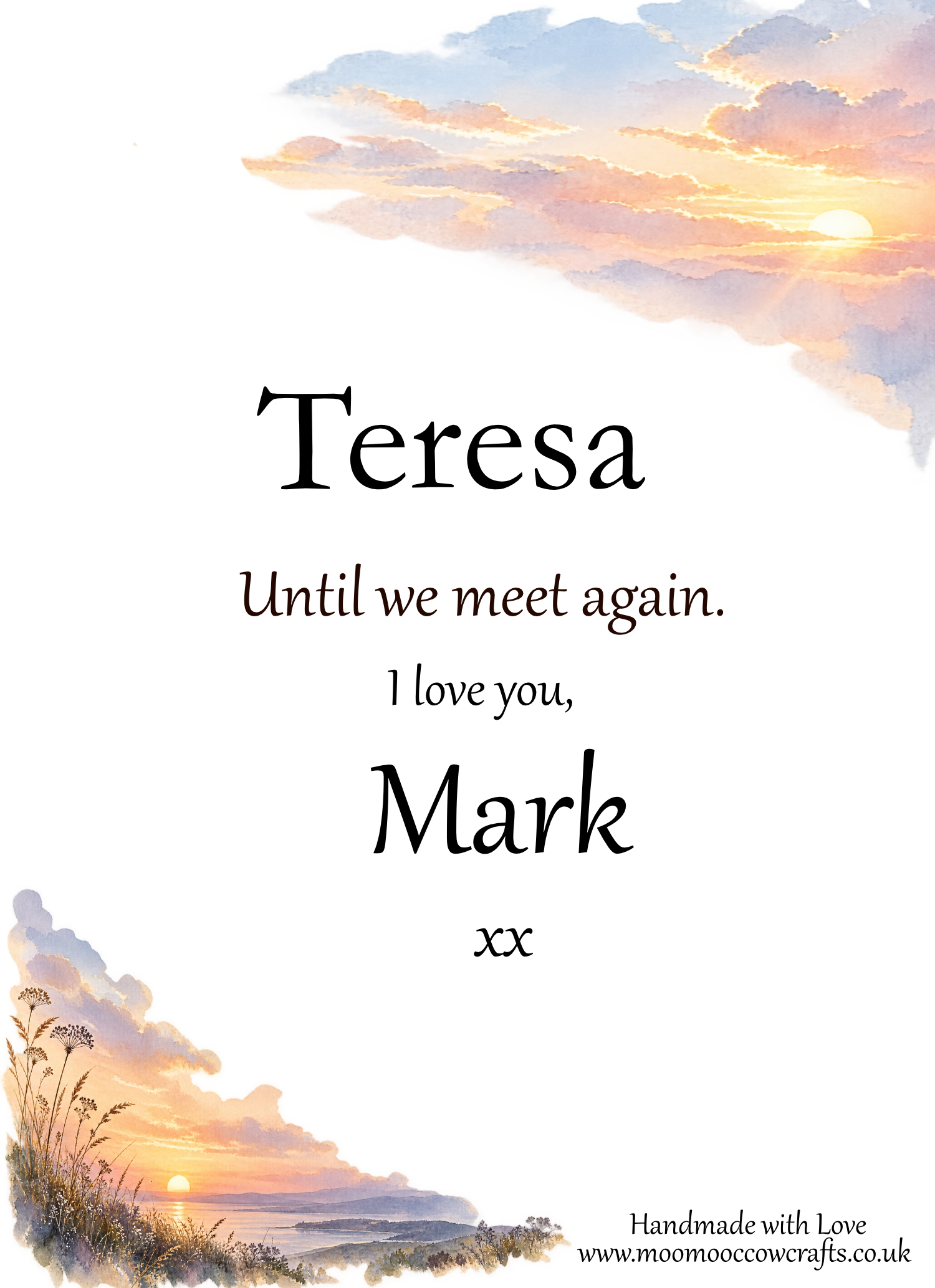 Back of personalised Heavenly Birthday grave card with sunset artwork and personal message from Mark to Teresa