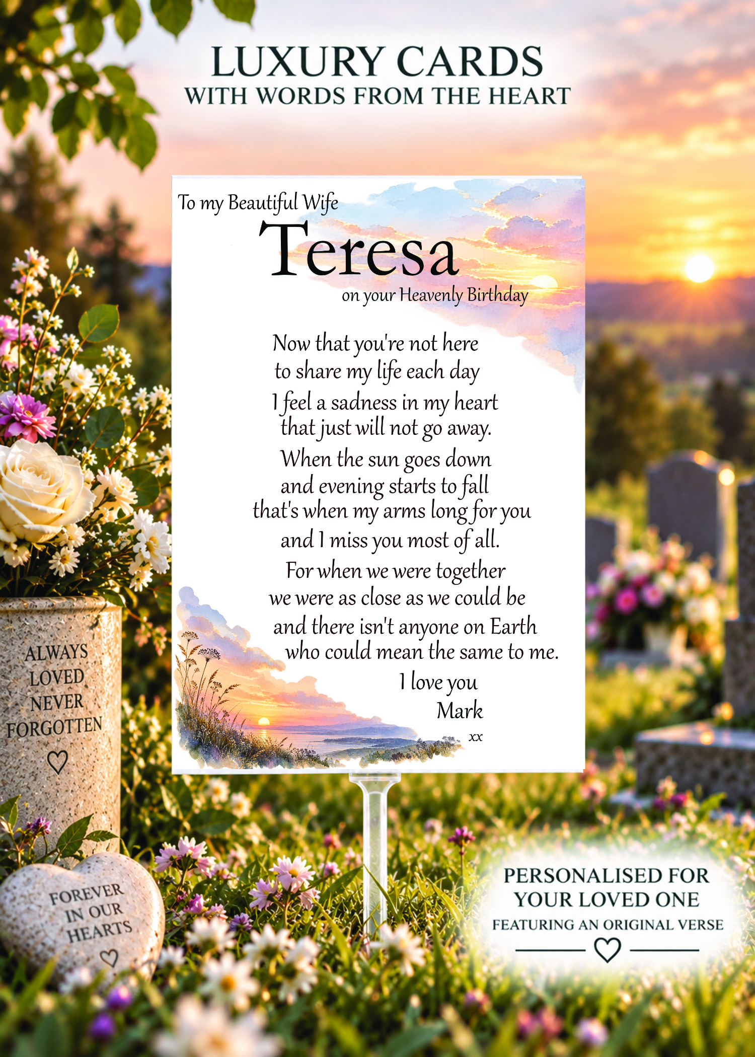 Personalised Heavenly Birthday grave card with original sentimental verse displayed at a flower-filled graveside at sunset