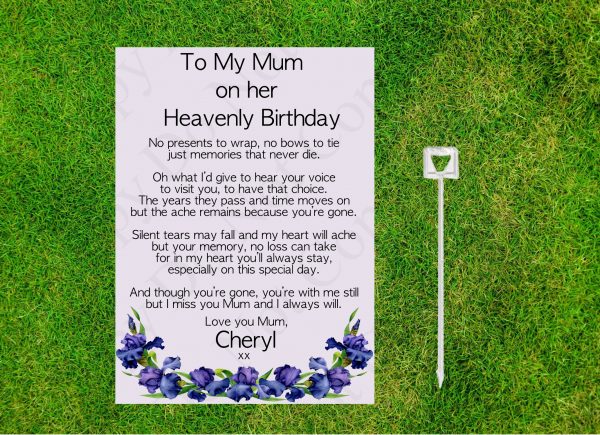grass background with a purple card with text and a card holder