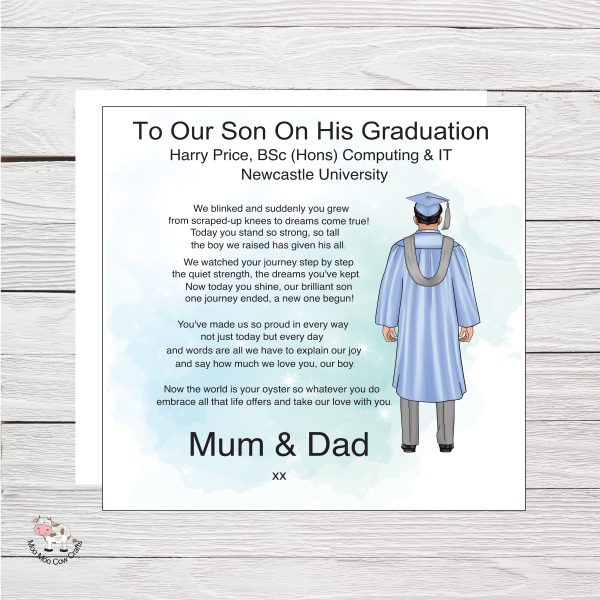 wooden background with clip art image of a boy in a gown and cap with black text, it's a congratulations on your graduation card