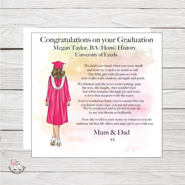 wooden background with white square with clip art girl in graduation gown and mortar and black text, it's a graduation card