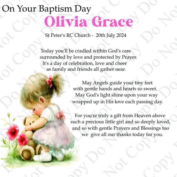 clipart image of a little todder girl with a teddy bear and text, it's a christening card