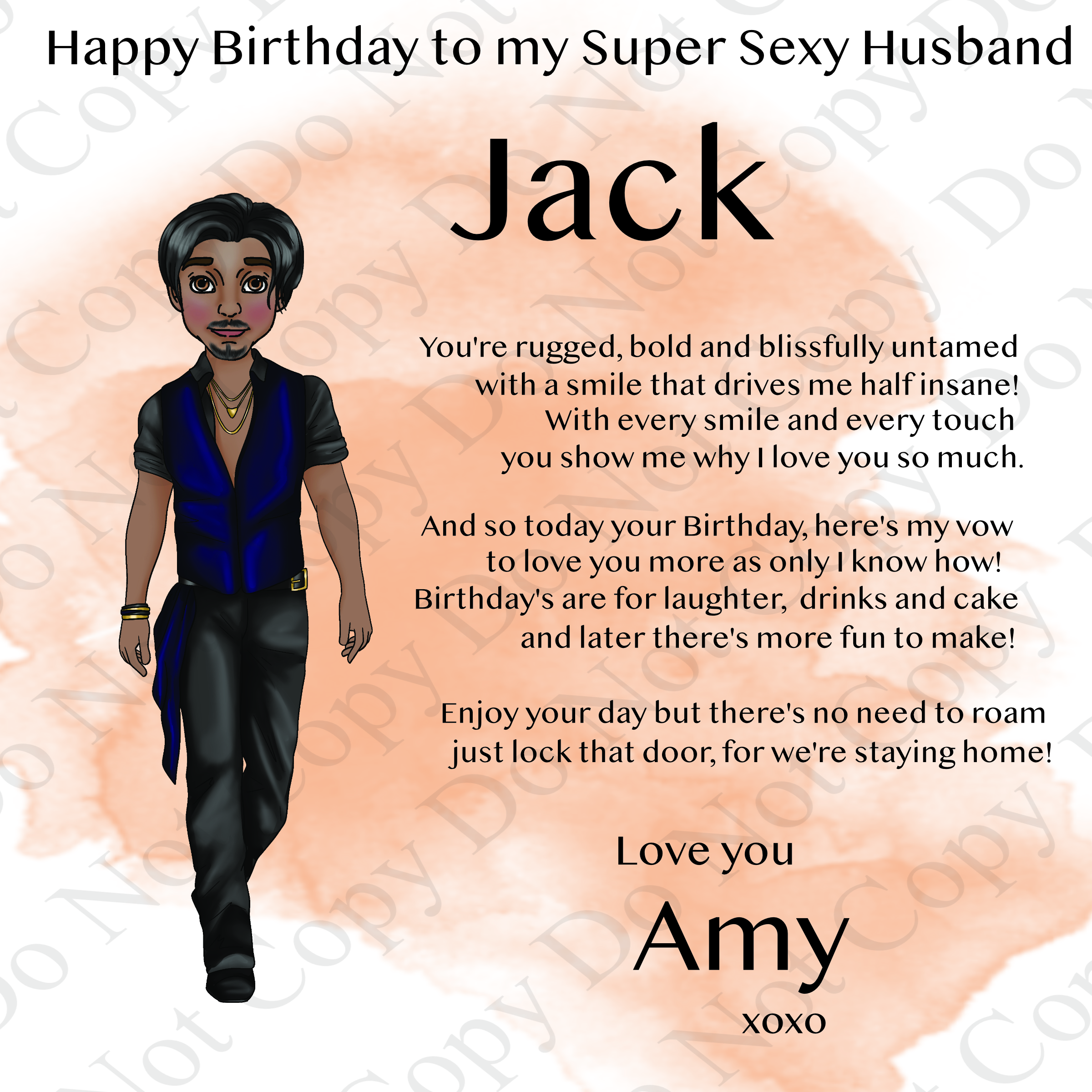 orange splash bacground with clip art image of a sexy man with black text - it's a birthday card