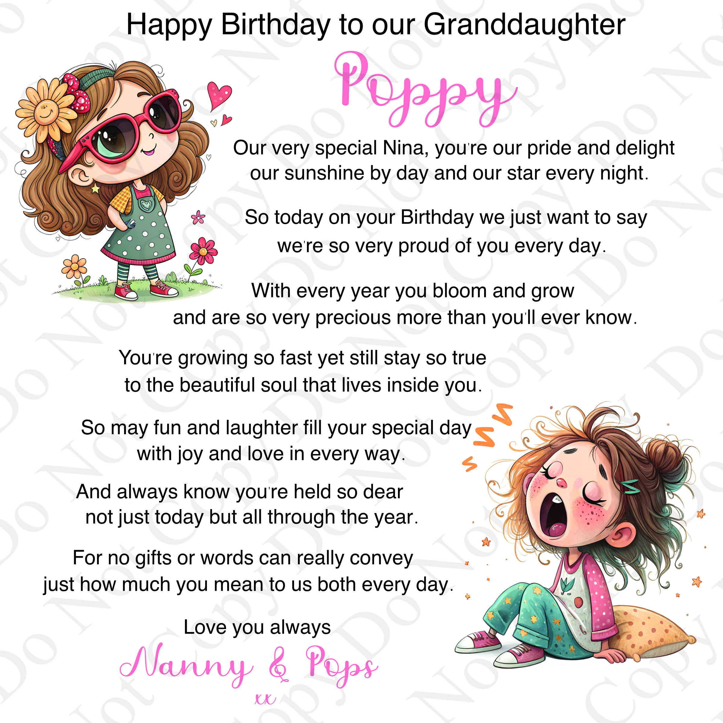 two clipart images of a little girl and black and pink text, it's a birthday card