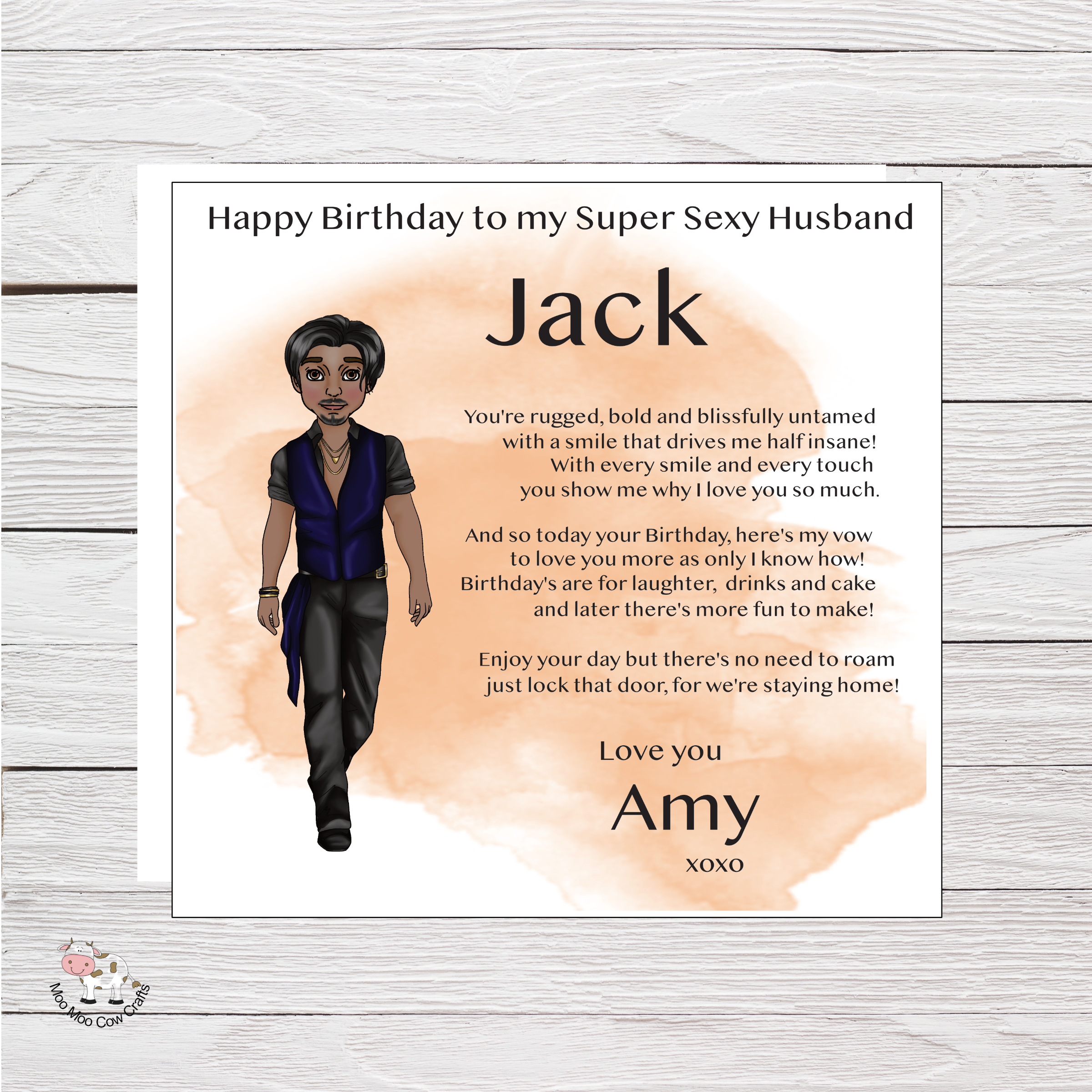 wooden background with orange splash and clipart image of a rugged, sexy man with black text, - its a birthday card