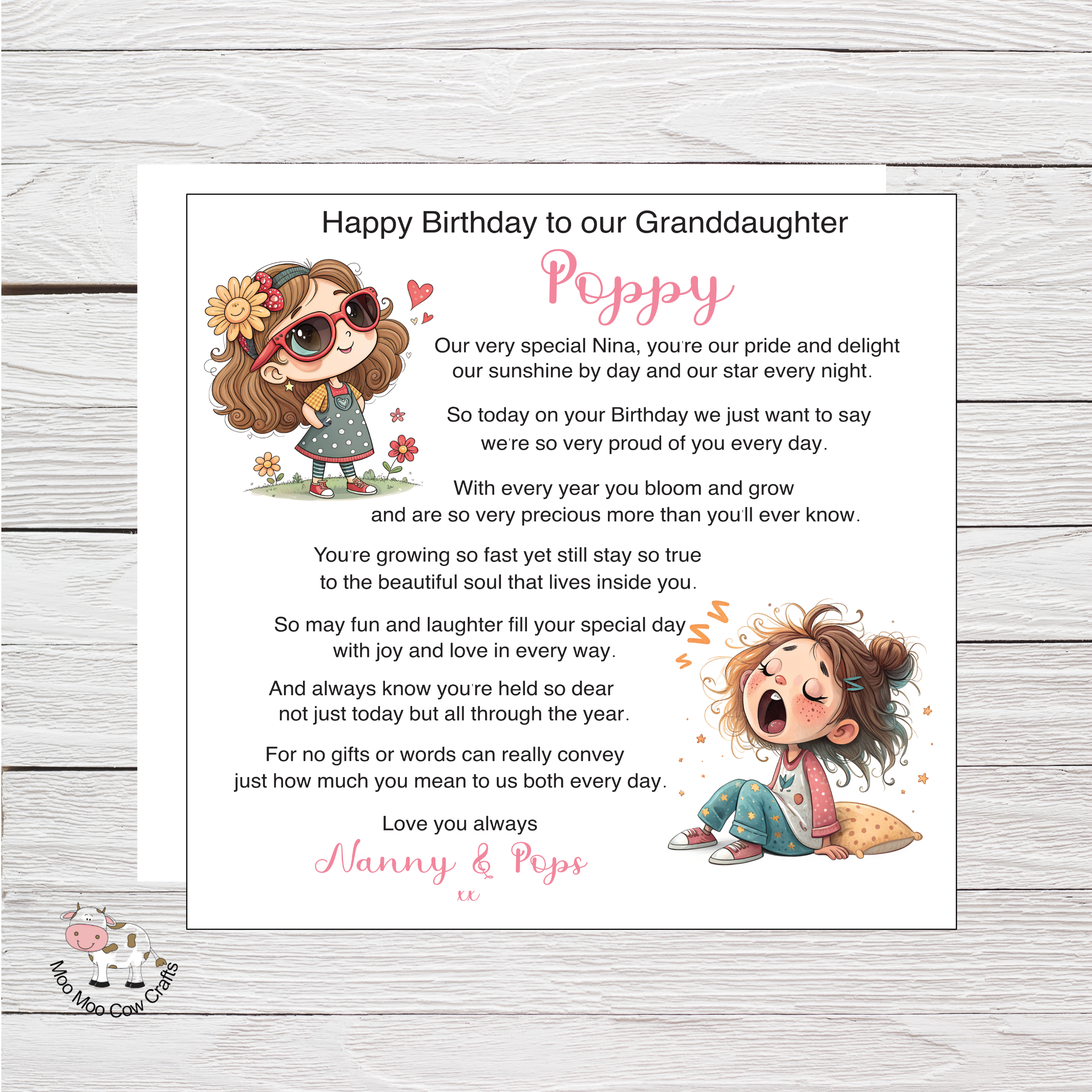 wooden bnackground with white square with clip art image of a little girl and black text, it's a birthday card