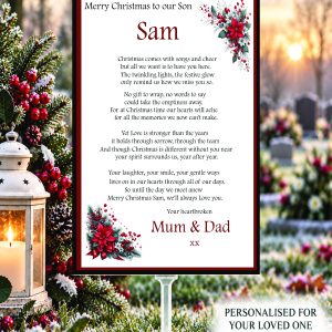 Personalised Christmas graveside memorial card for a son with original remembrance verse, red poinsettias and winter foliage