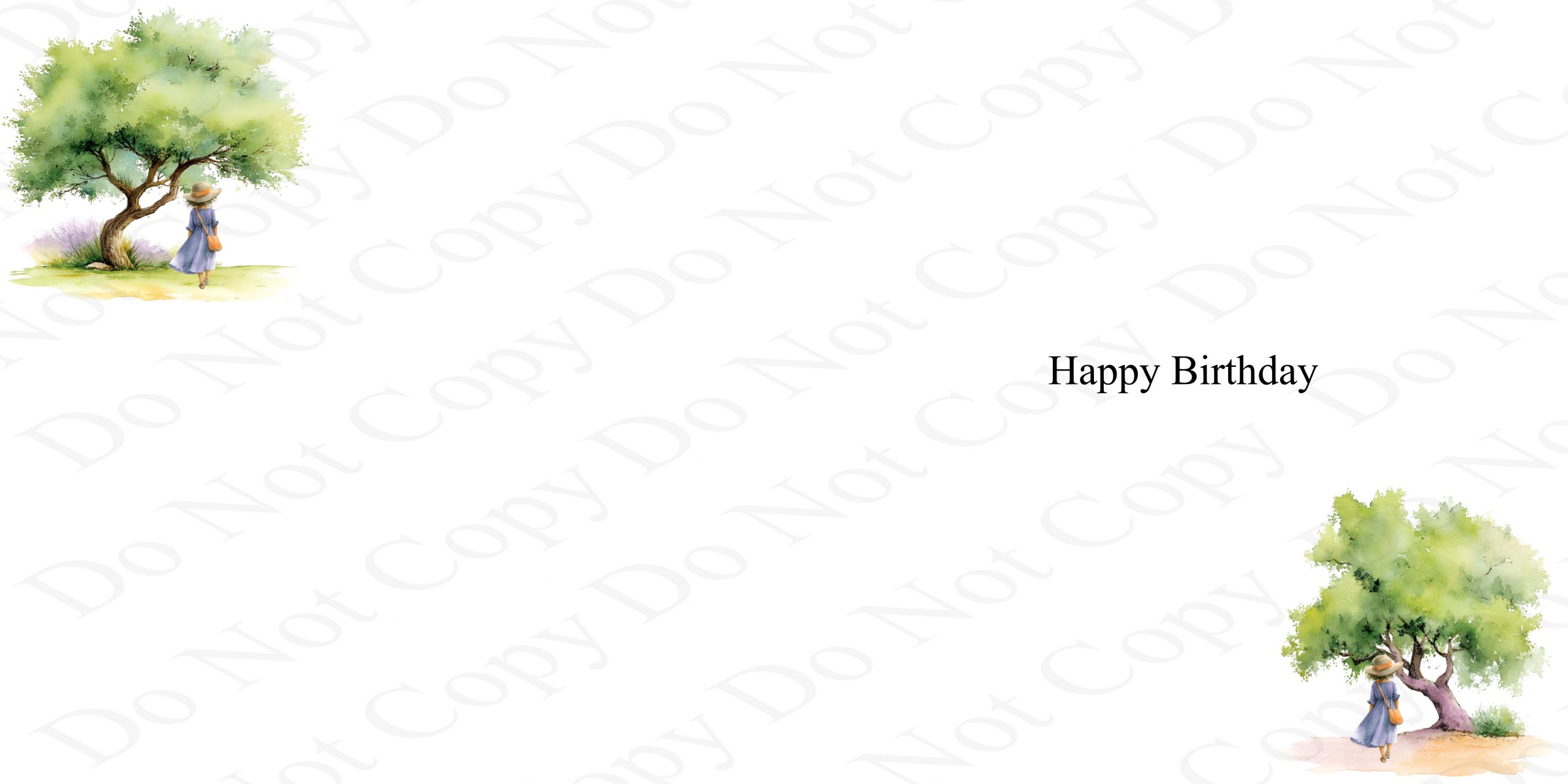 inside a birthday card with two clip art trees and girls wearing a straw hat and lavender dress