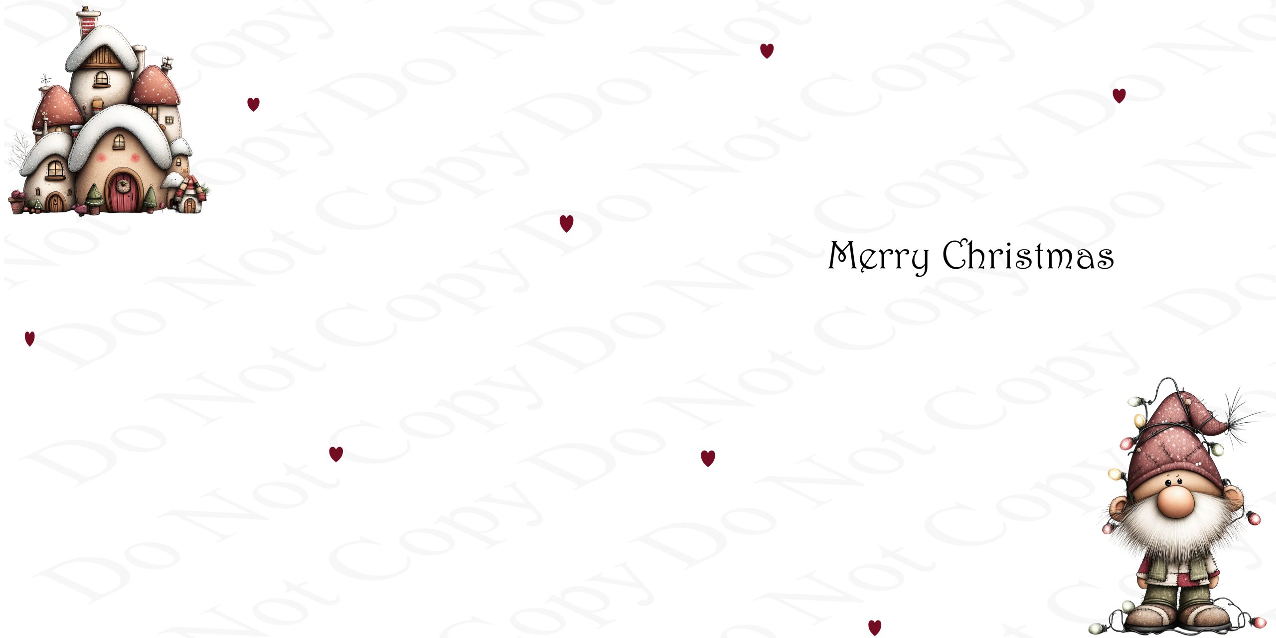 inside a xmas card with clip art image of a gonk with xmas lights and a christmas house