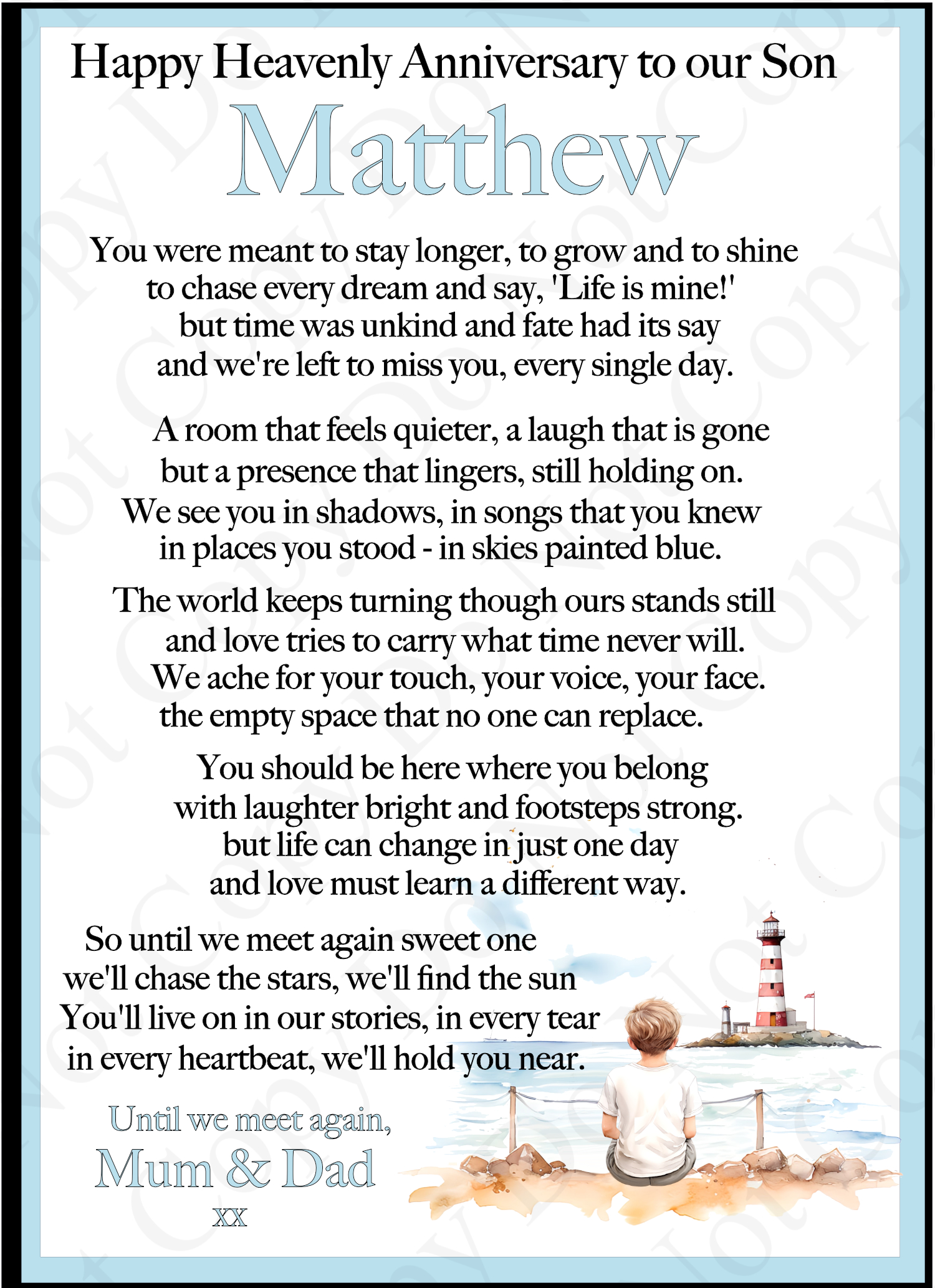 White box with black text and a clip art image of a boy sitting facing a lighthouse.