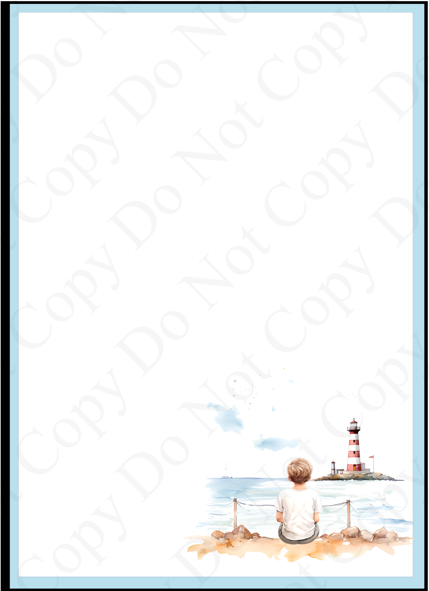 white rectangle with a clip art image of a boy facing a lighthouse.