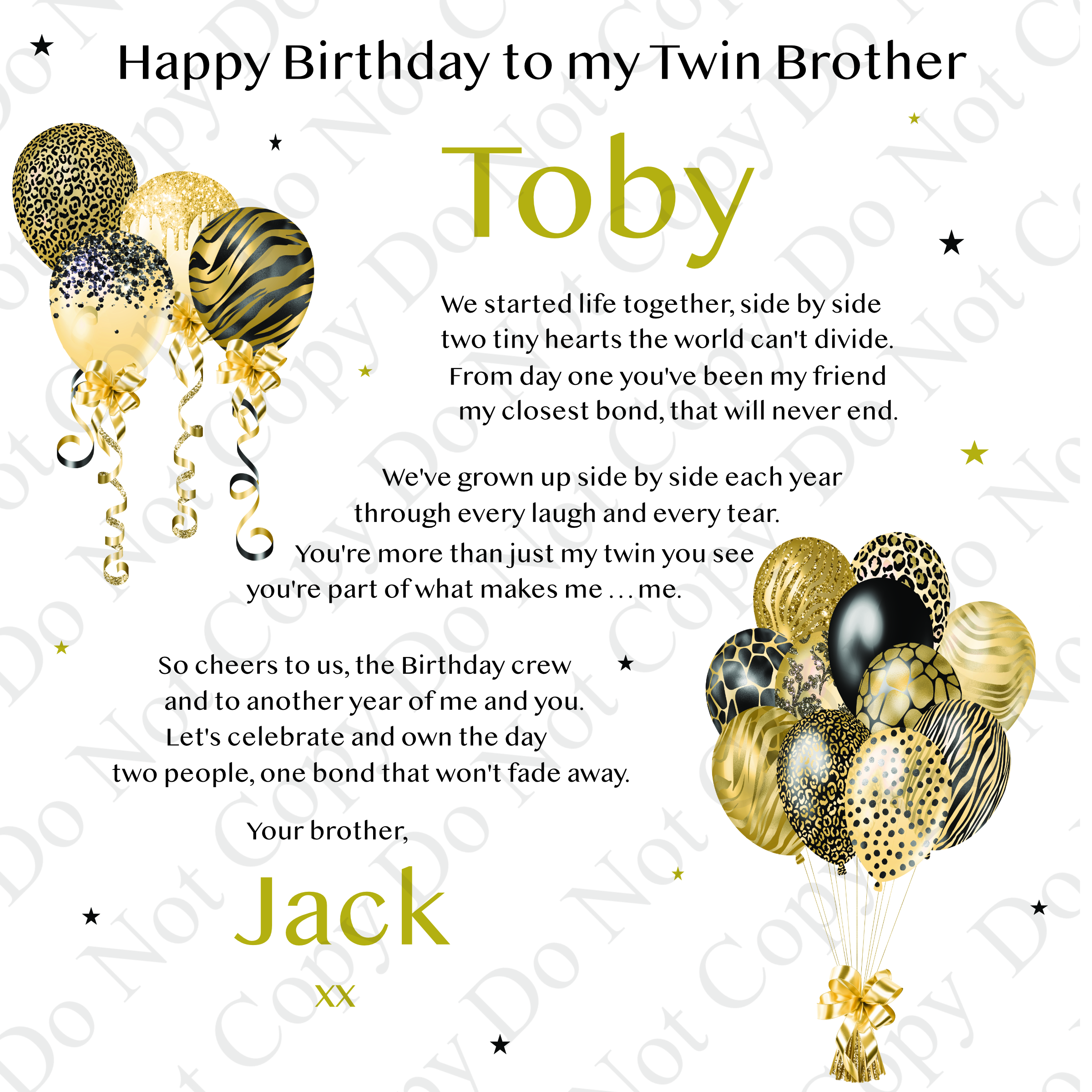 two clip art images of gold and black balloons and text with black and gold stars, it's a birthday card
