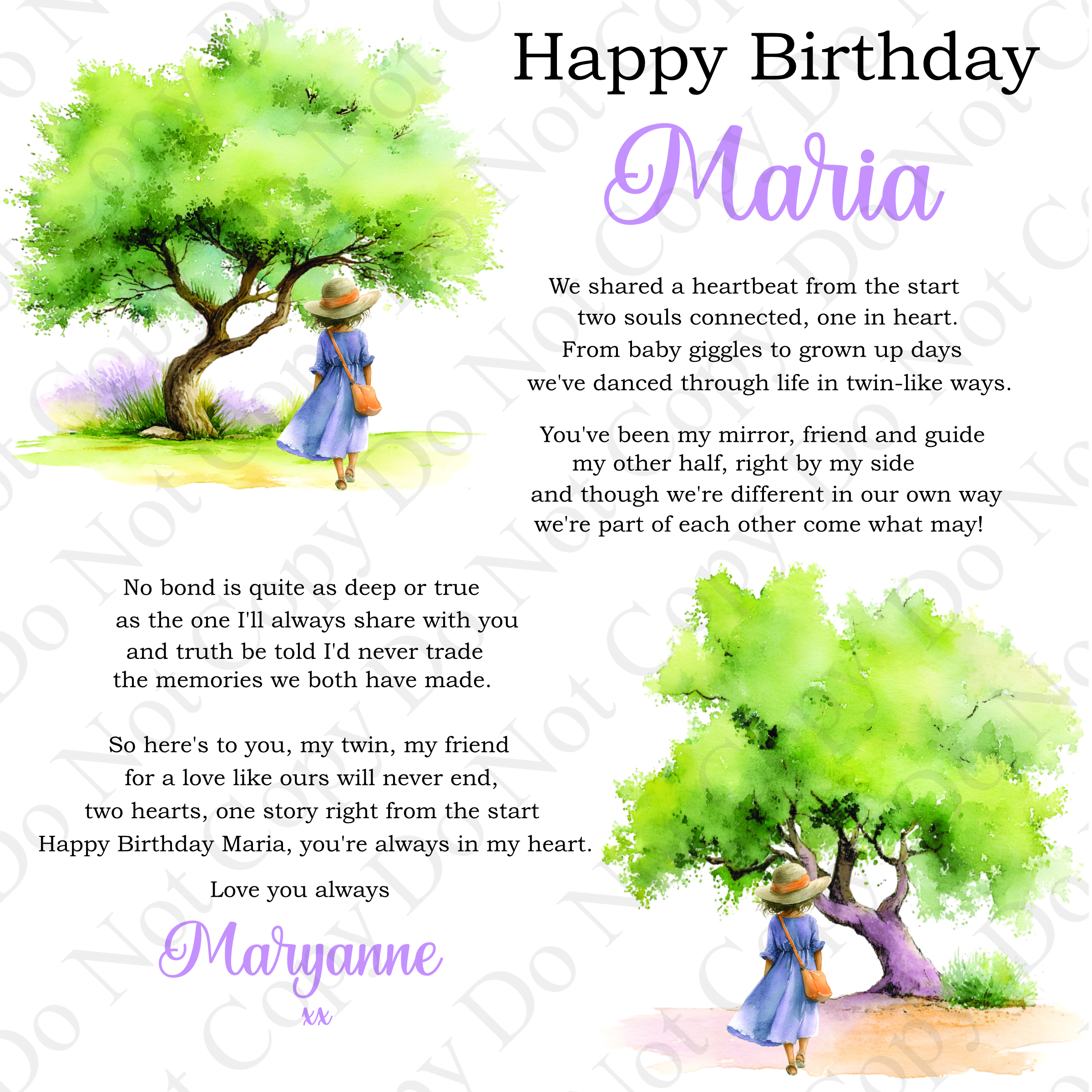two clip art images of green trees with two women wearing a straw hat and a lavender dress, it's a birthday card