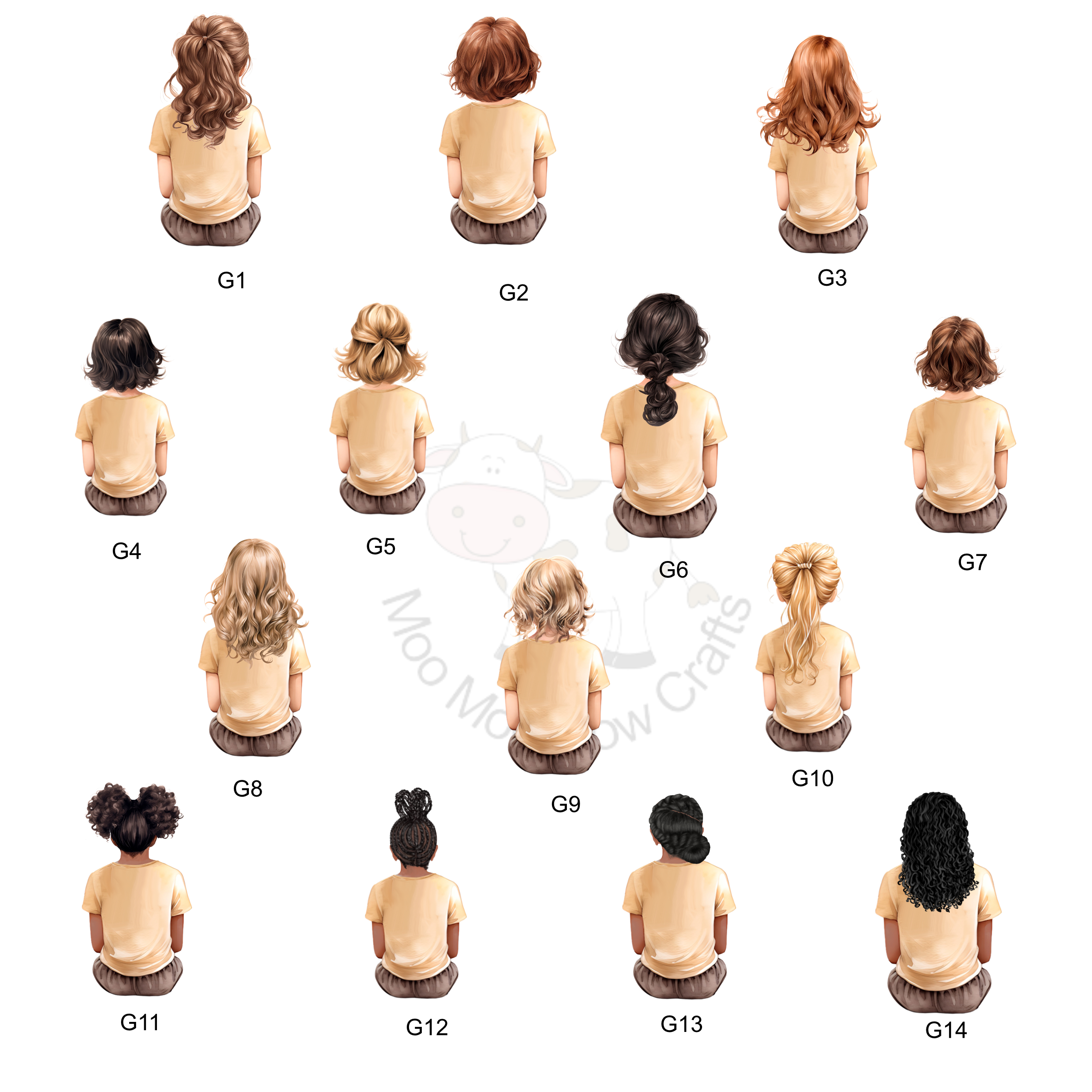 multiple clip art images of girls facing away
