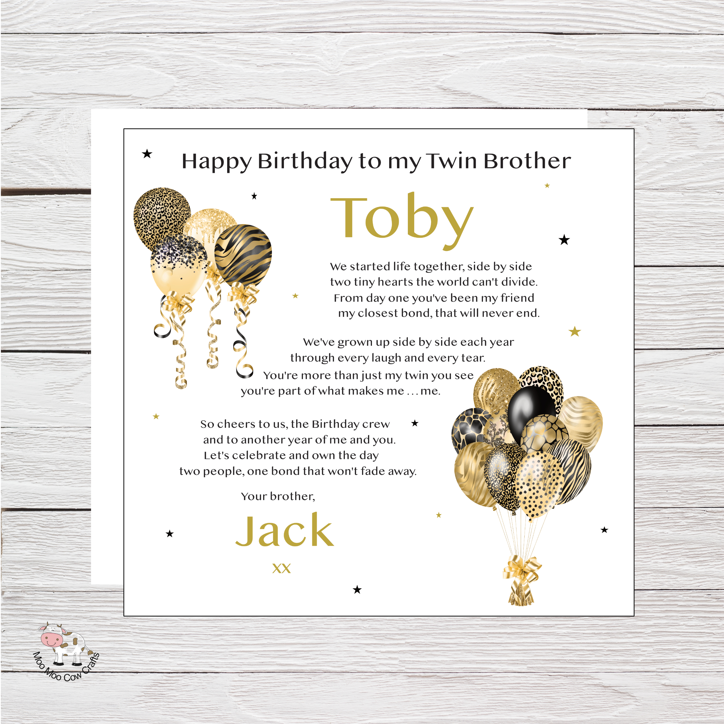wooden background with white square with clip art images of birthday b alloons, it's a birthday card