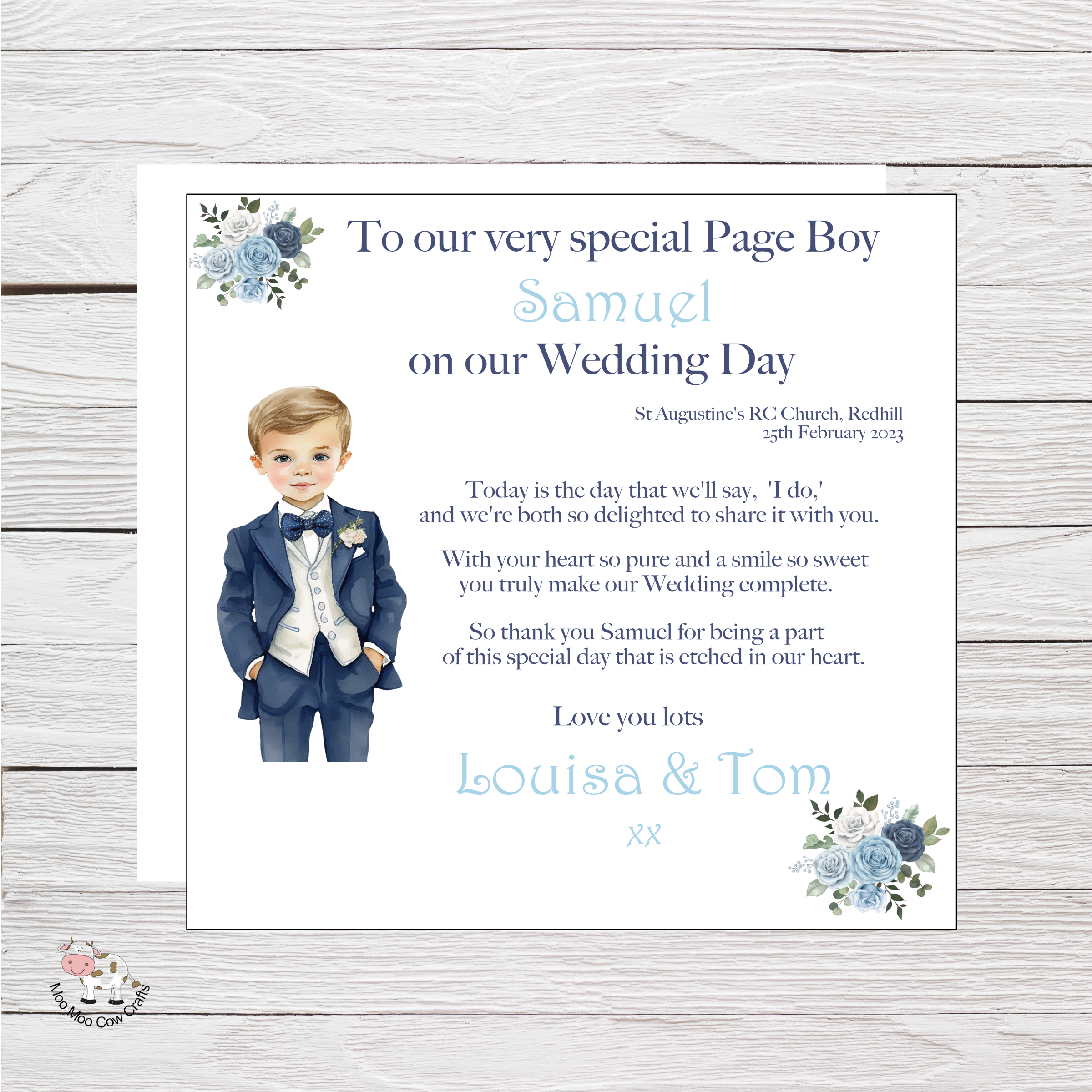 wooden background with clip art image of a young boy in a suit and text, it's a wedding card