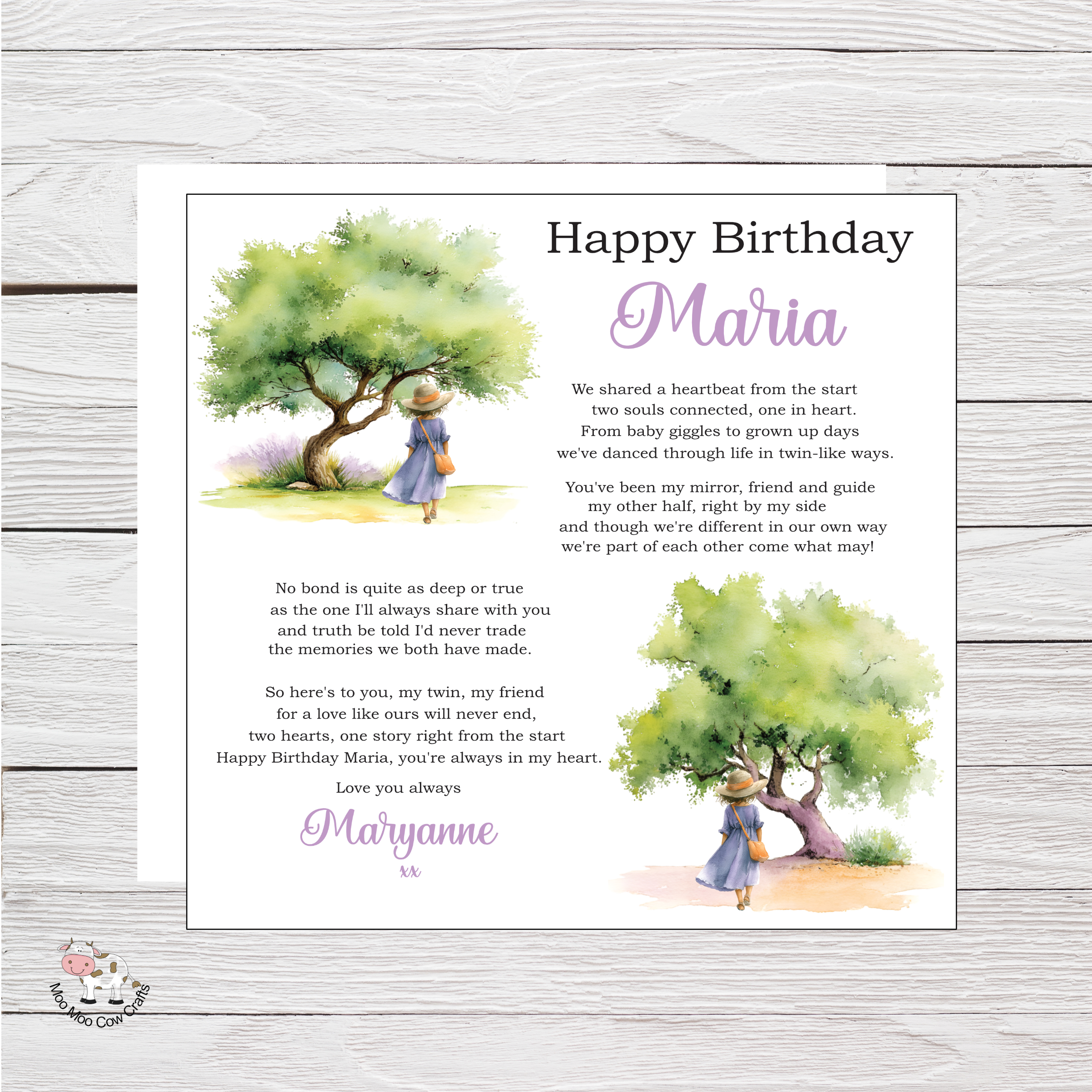 wooden background with clip art images of green trees and two women wearing lavender and a hat - it's a birthday card