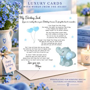 Personalised dementia birthday card for son from Mum, with original verse, blue elephant design and forget-me-not flowers, displayed with birthday gift and candle. ❤️
