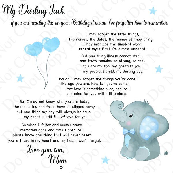 blue clip art image of an elephant and two blue balloons and black text, it's a birthday card.