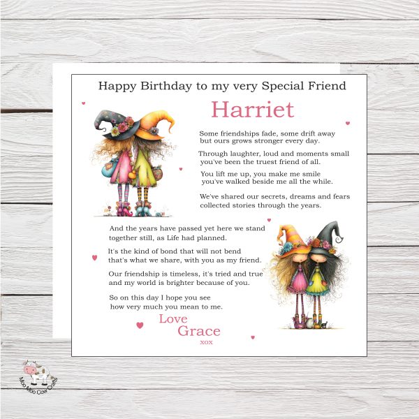 wooden background with two clip art images of quirky girls and black and pink text - it's a birthday card.