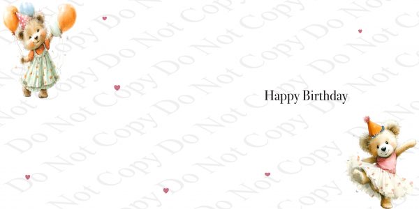 inside a birthday card with two clip art dancing bears wearing hats and a dress